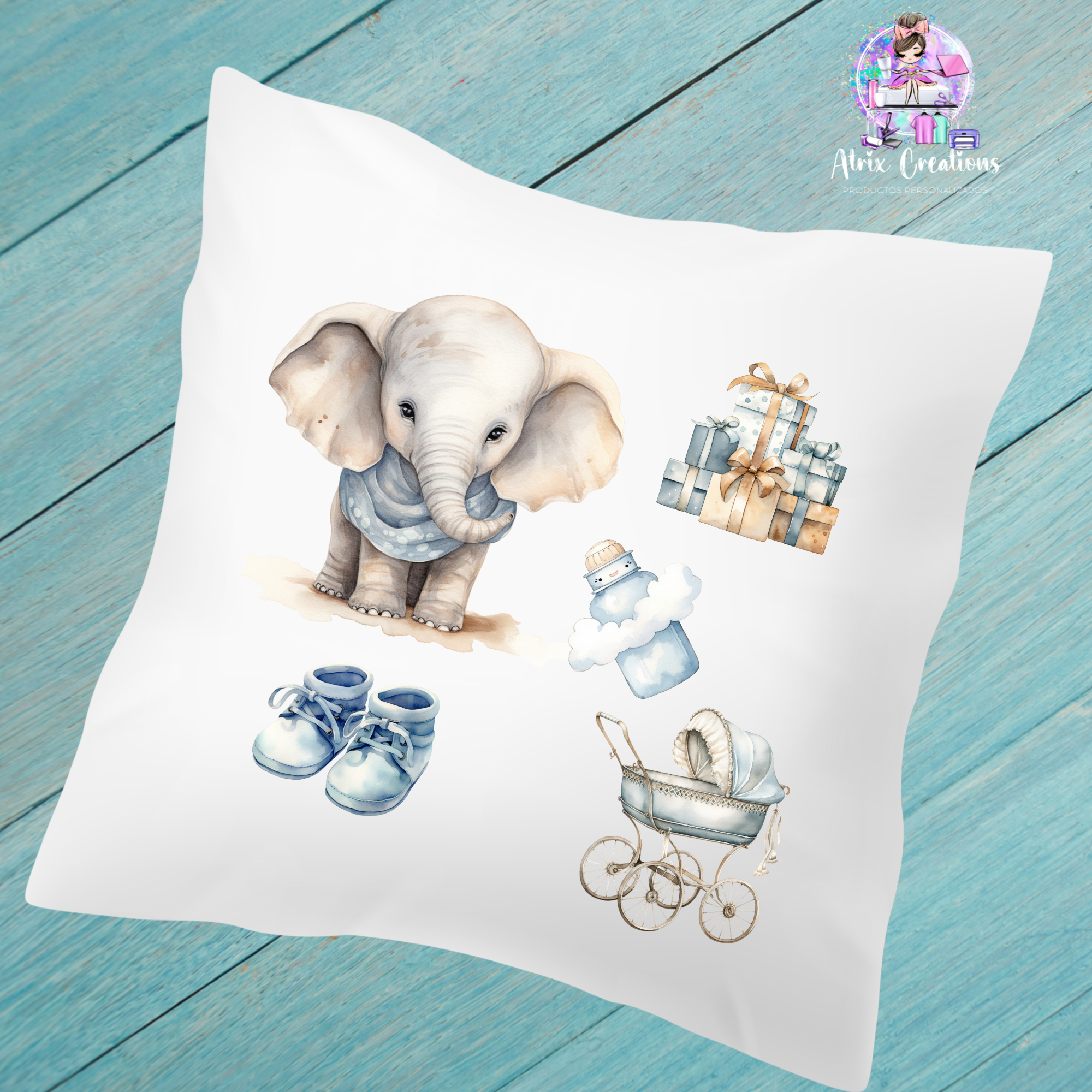 Cojín natalicio elefante azul - Imagen 2