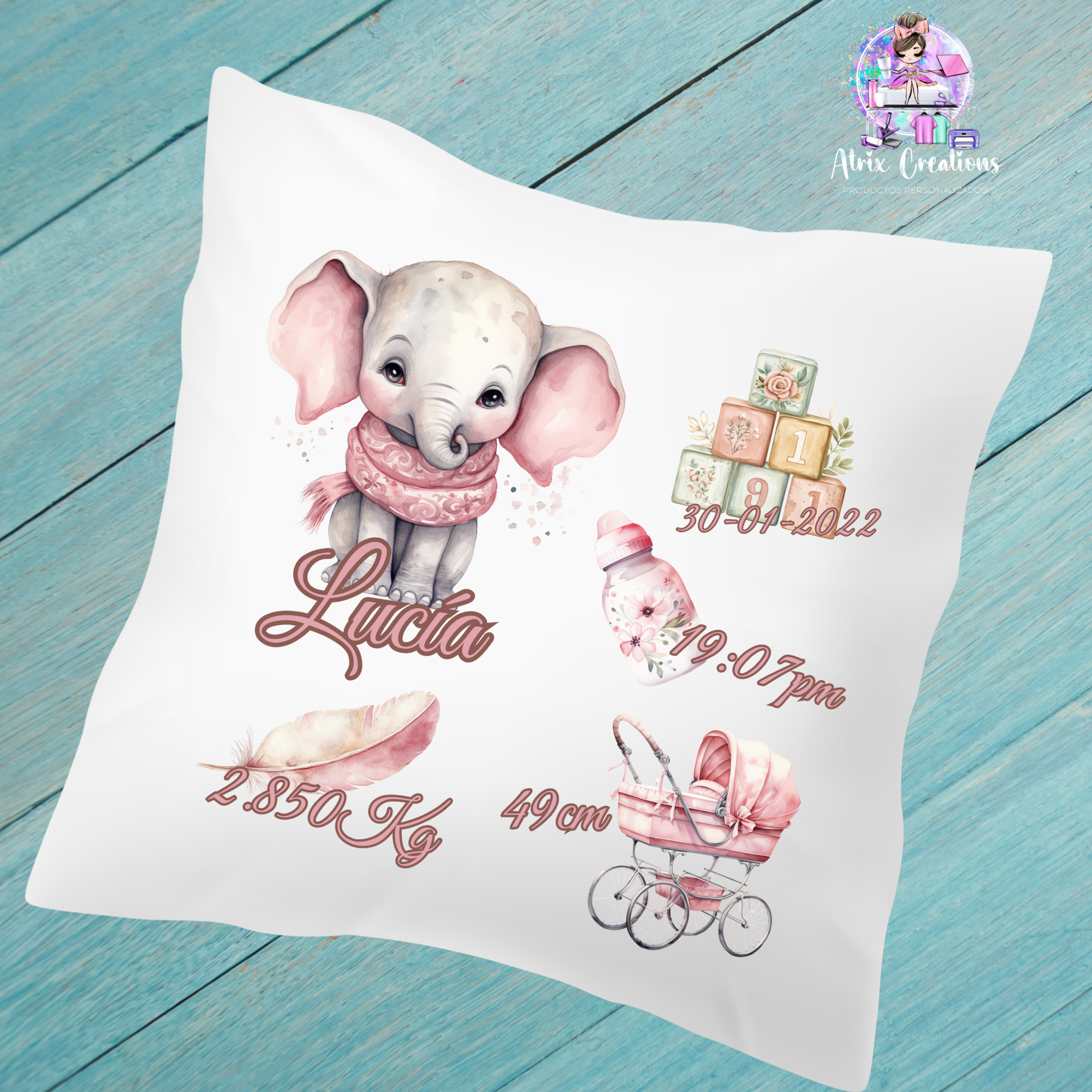 Cojín natalicio elefante rosa