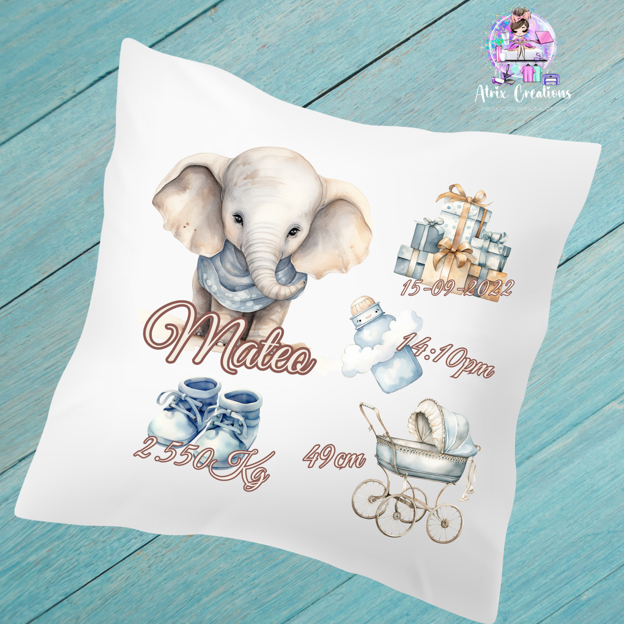 Cojín natalicio elefante azul