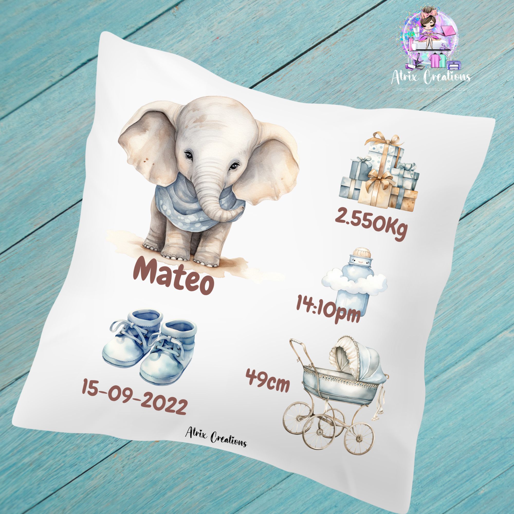 Cojín natalicio elefante azul