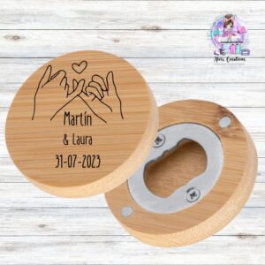 Abridor para boda de Bambú y Acero Inox. Magnético Personalizado.