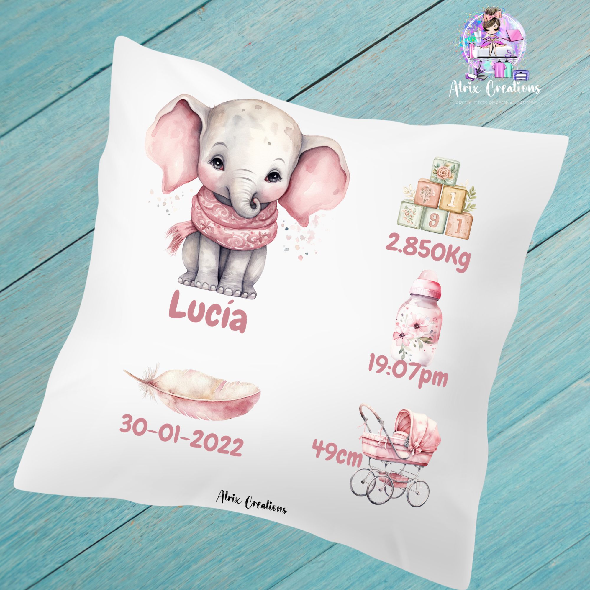 Cojín natalicio elefante rosa