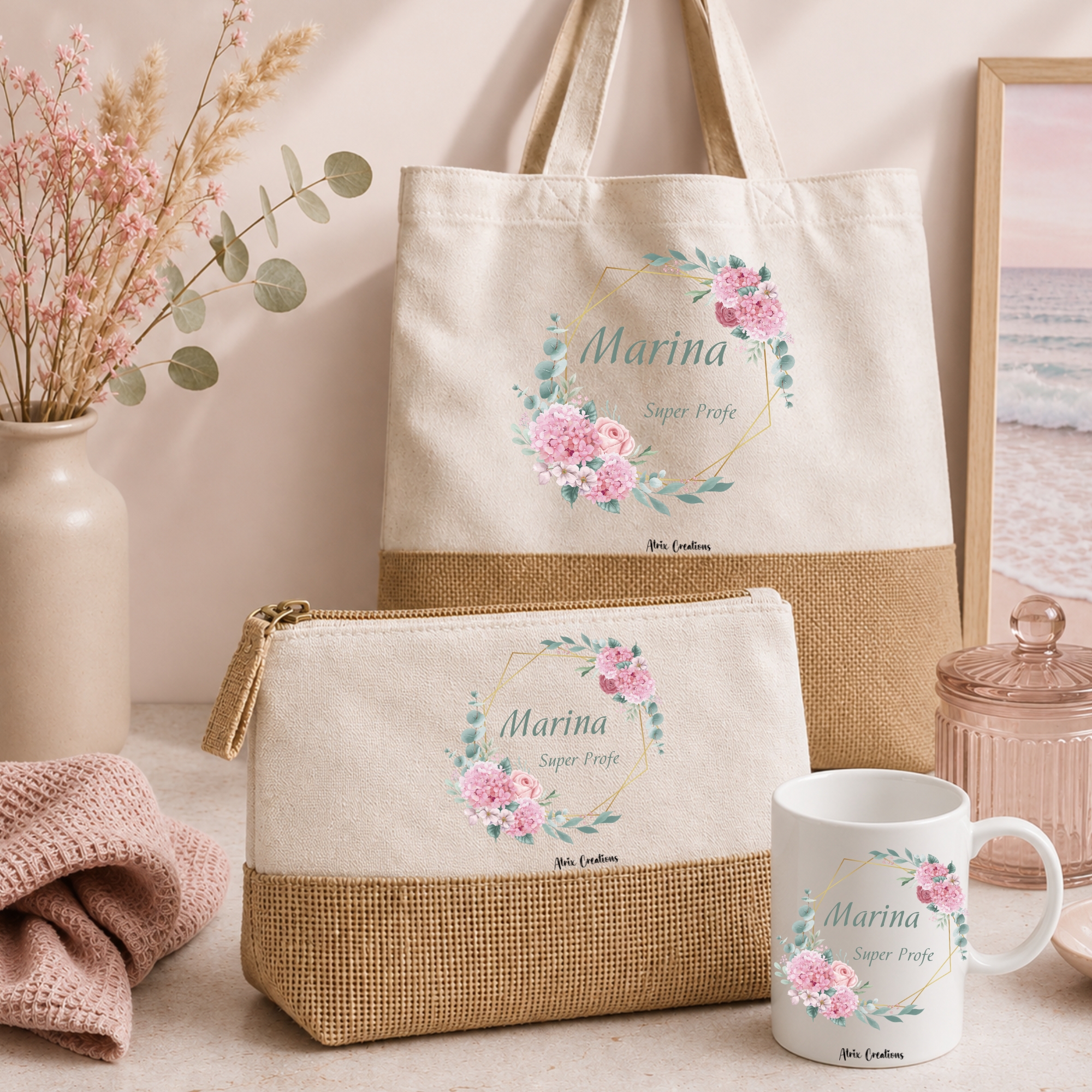Set Regalo Bolsa,neceser y taza personalizado floral 2