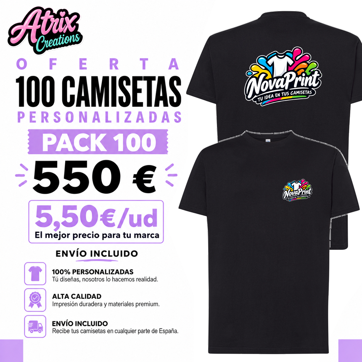 Camisetas algodón personalizadas 100 unidades